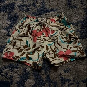 Women's Floral Drawstring Bermuda Shorts - Cream with Pink Teal & Brown Accents
